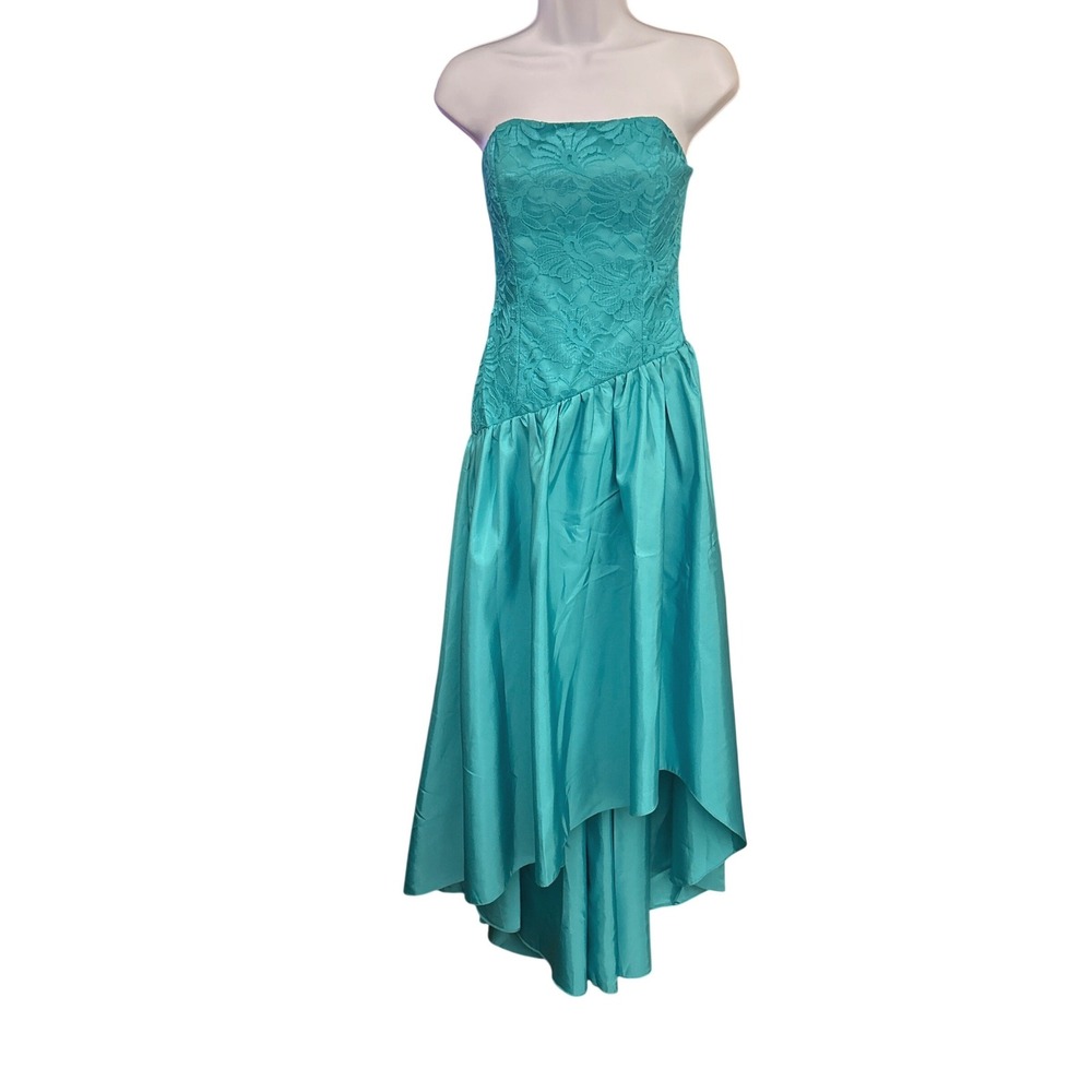 80s Vintage Unbranded Strapless Lace High Low Gown Prom Mermaidcore Retro Teal